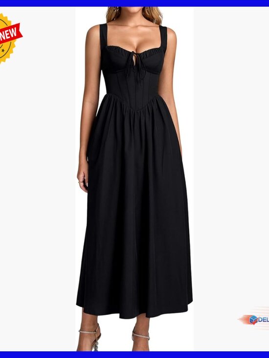 Dresses & Skirts - Corset Midi Dress Lace Up Back A-Line Flowy Formal Wedding Guest Sundress